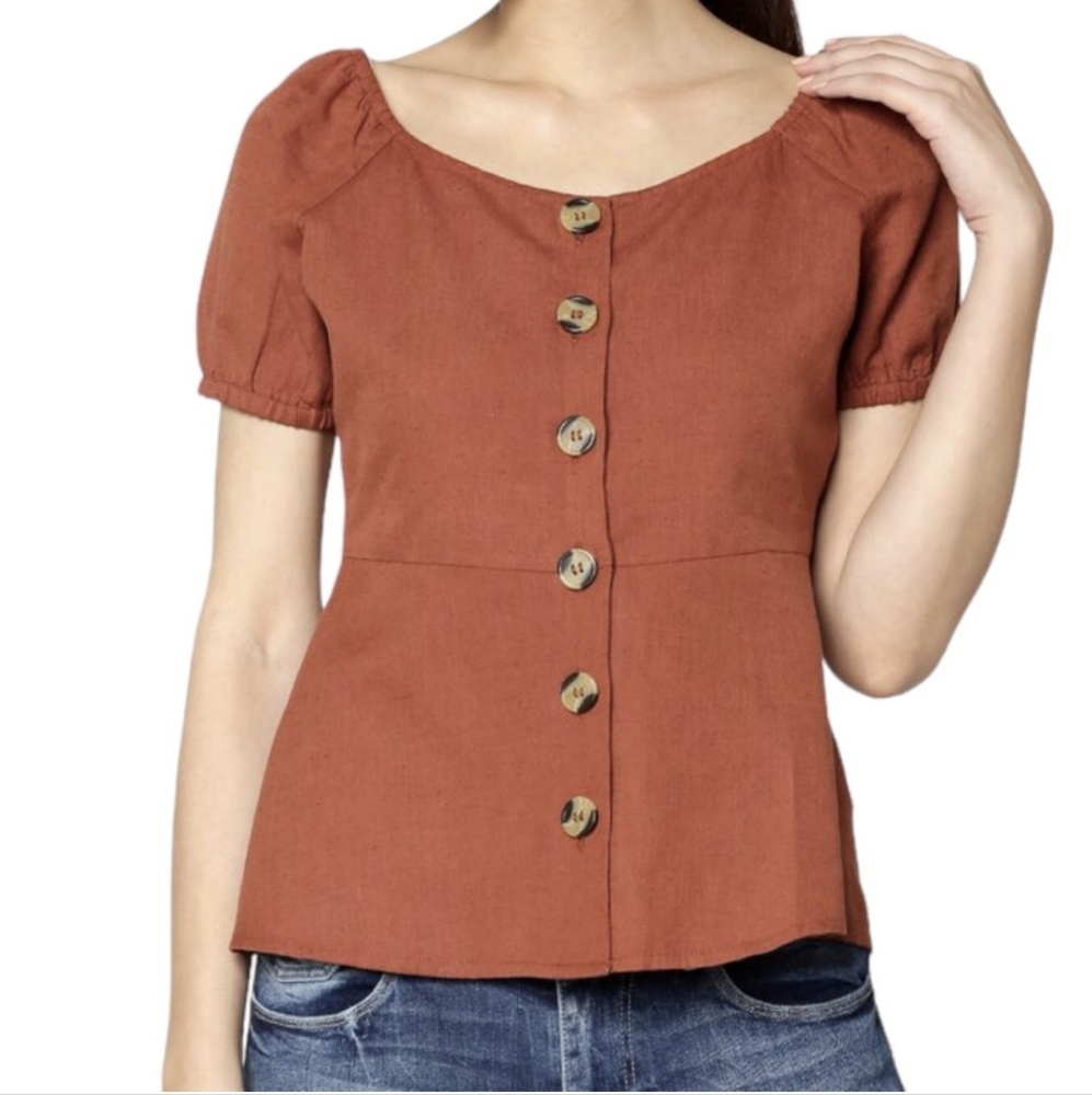 ONLY Rust Brown Linen Cotton Top EU 36 US 2 Womens Puff Sleeve Peplum Babydoll